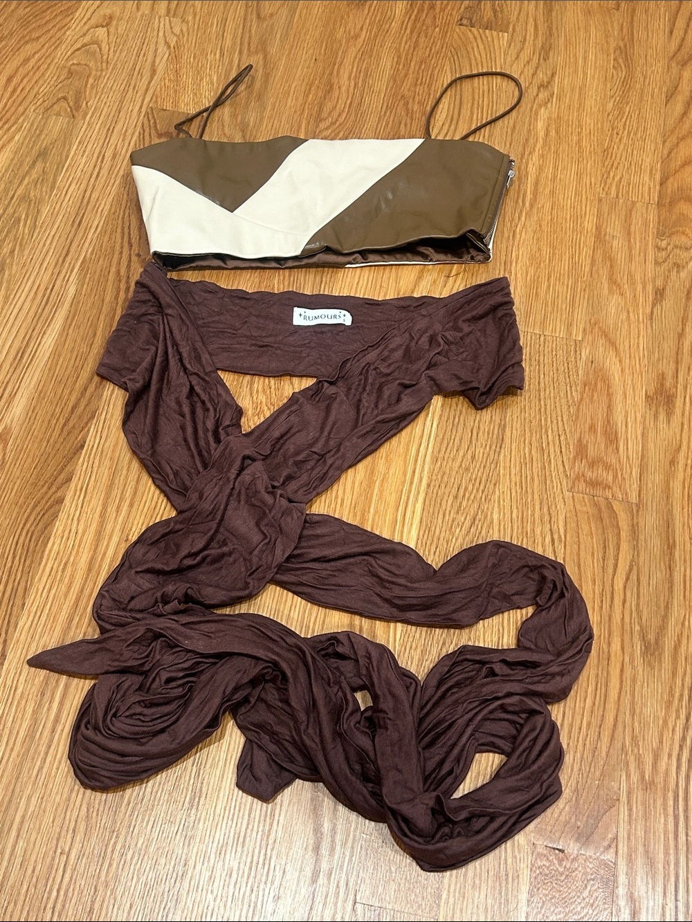 Rumours Brown Wrap Y2K Crop Top and Olive/cream Colorblock Bandeau Set small